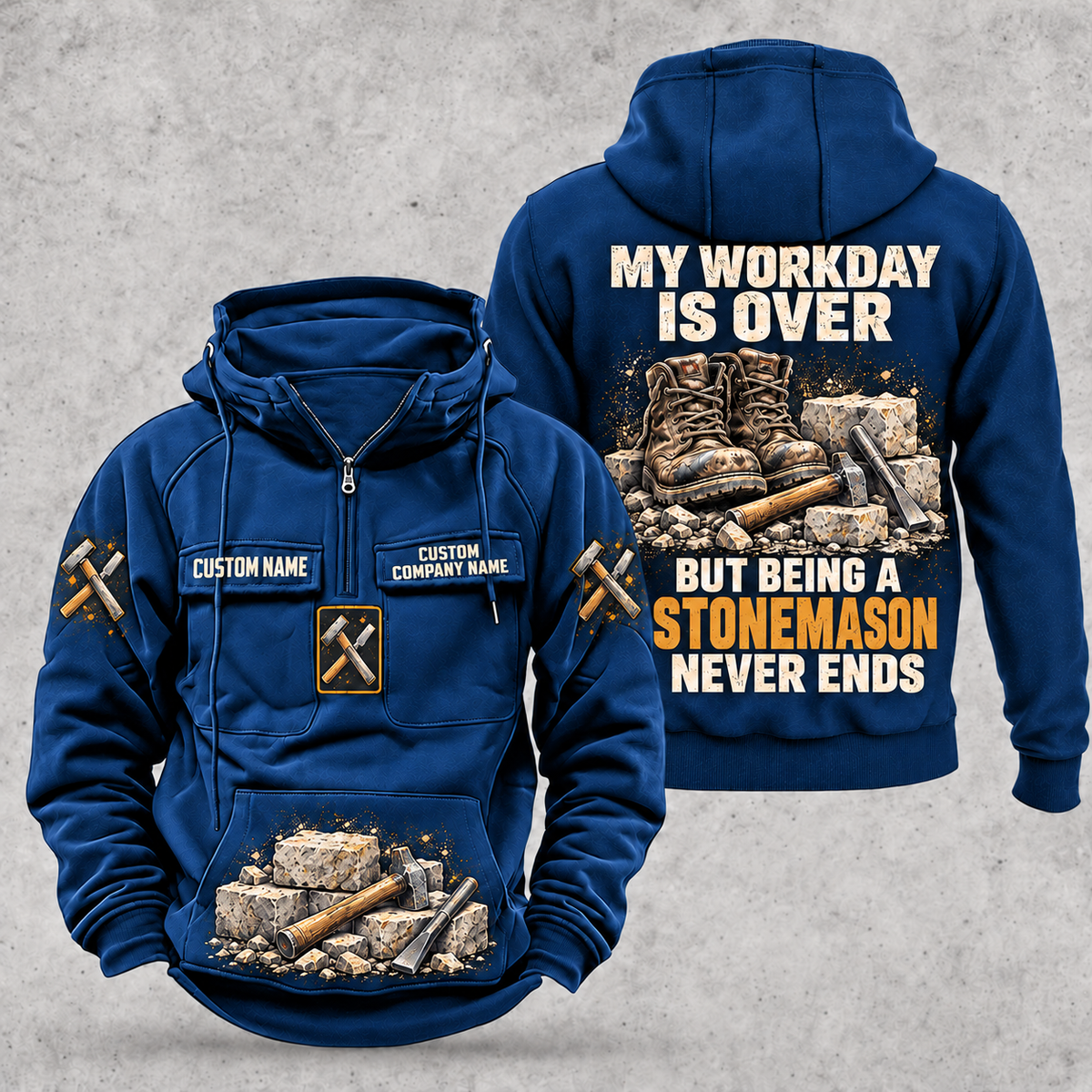 Stonemason Never Ends Vintage Hoodie Dark Blue front and back
