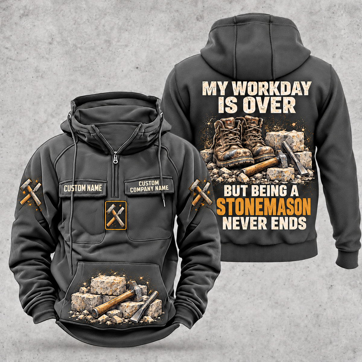 Stonemason Never Ends Vintage Hoodie Dark Gray front and back