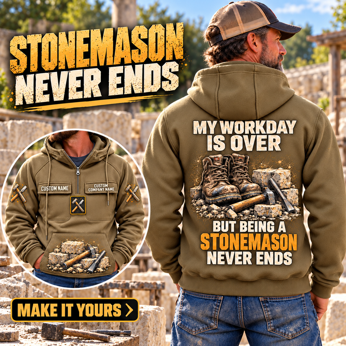 Stonemason Never Ends Vintage Hoodie Kaki listing hero