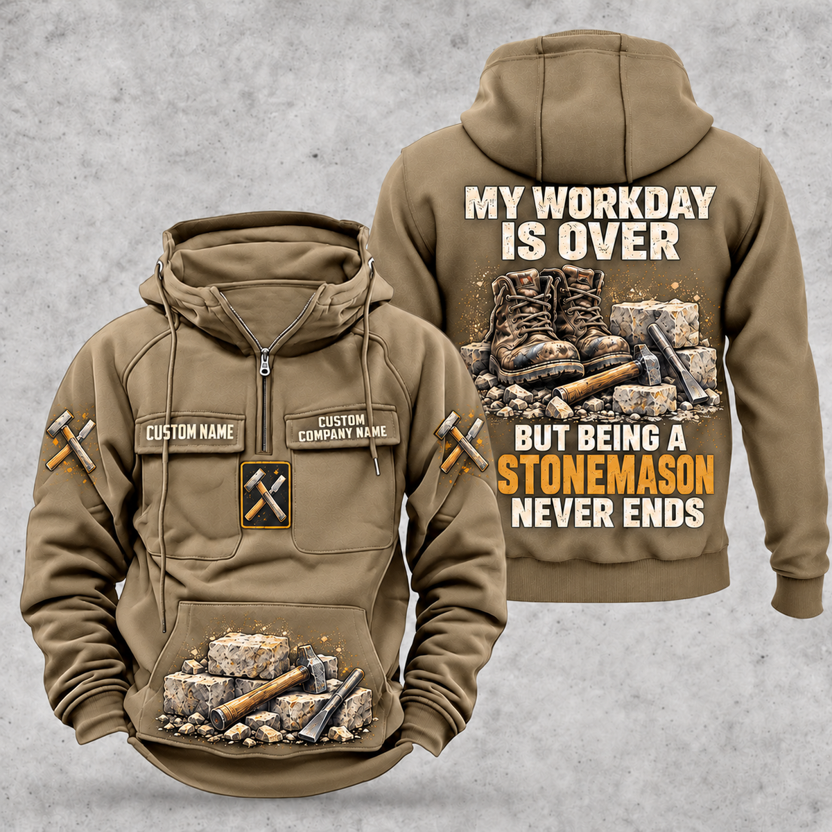 Stonemason Never Ends Vintage Hoodie Kaki front and back