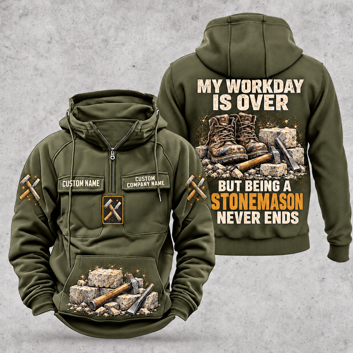 Stonemason Never Ends Vintage Hoodie Military Green front and back