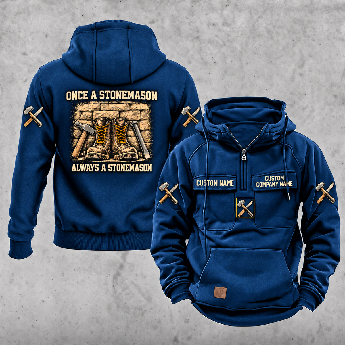 Stonemason Once and Always Vintage Hoodie Dark Blue front and back