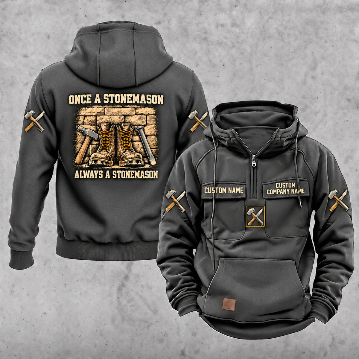 Stonemason Once and Always Vintage Hoodie Dark Gray front and back
