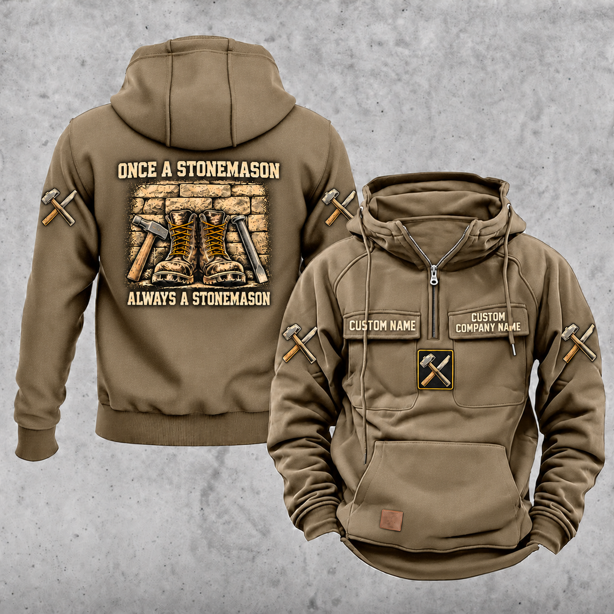 Stonemason Once and Always Vintage Hoodie Kaki front and back
