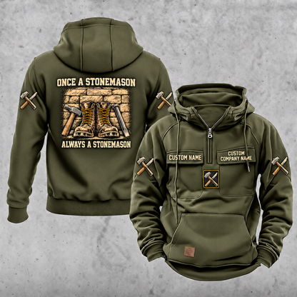 Stonemason Once and Always Vintage Hoodie Military Green front and back