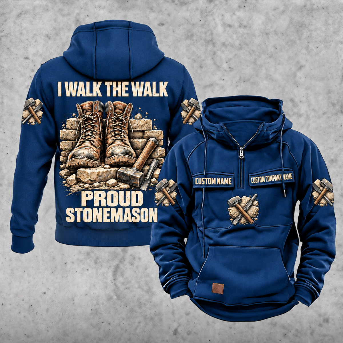 Stonemason Proud Walk Vintage Hoodie Dark Blue front and back