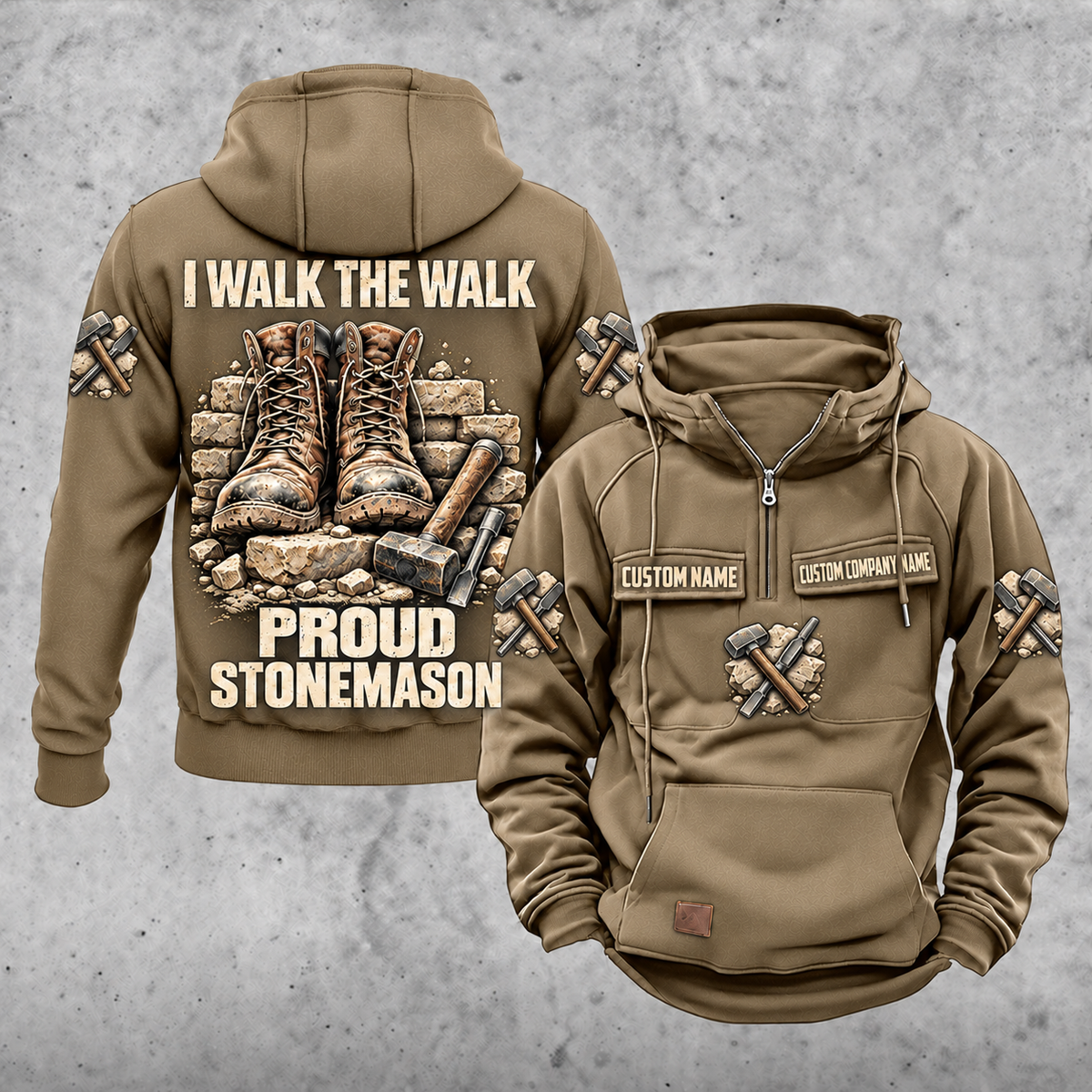 Stonemason Proud Walk Vintage Hoodie Kaki front and back