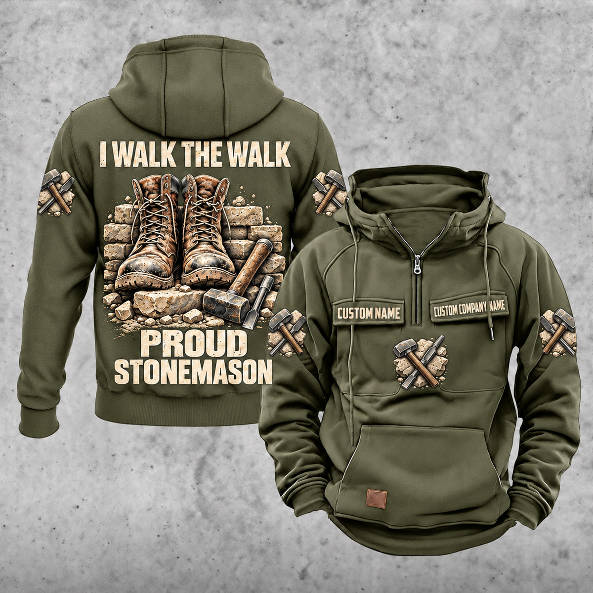 Stonemason Proud Walk Vintage Hoodie Military Green front and back
