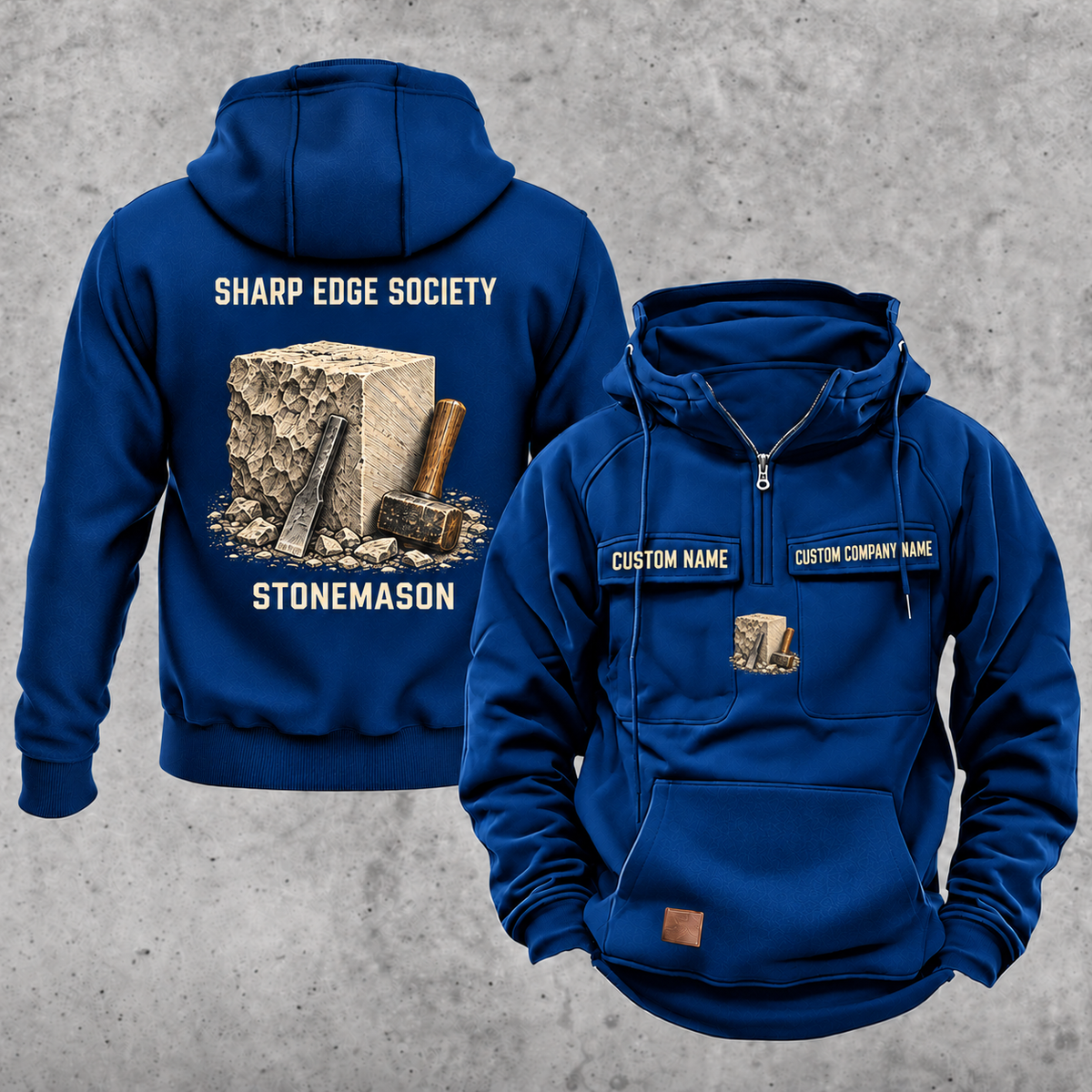 Stonemason Sharp Edge Society Vintage Hoodie Dark Blue front and back