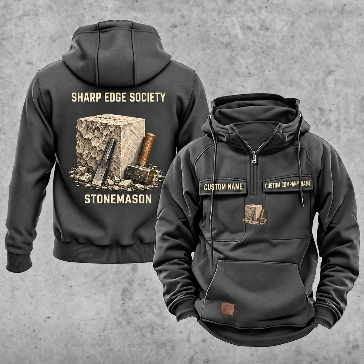 Stonemason Sharp Edge Society Vintage Hoodie Dark Gray front and back