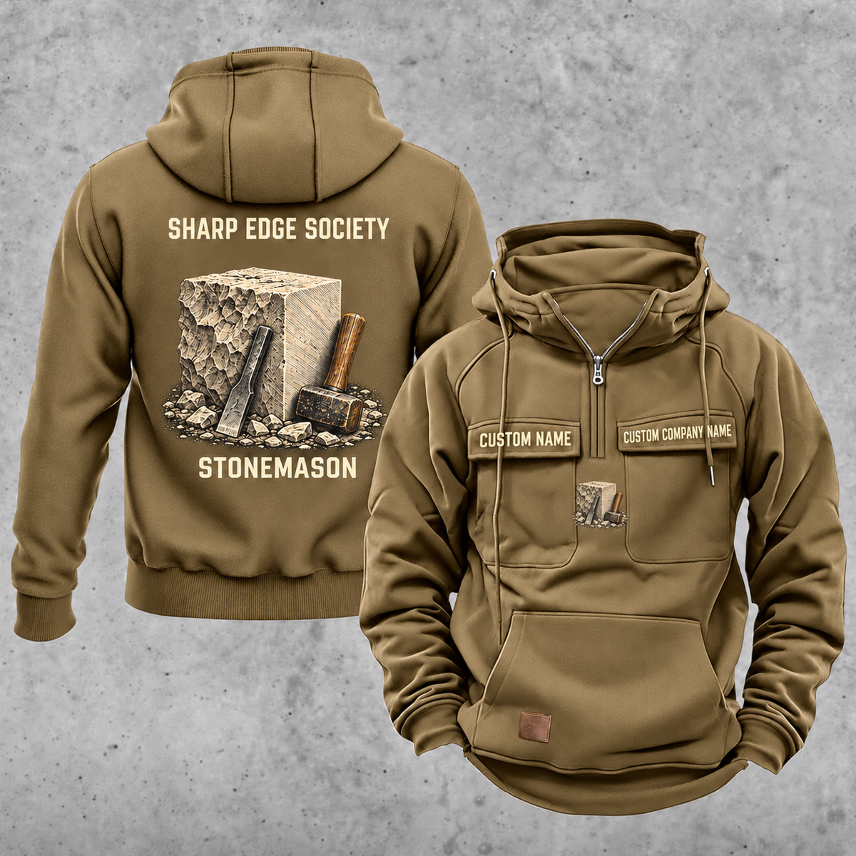Stonemason Sharp Edge Society Vintage Hoodie Khaki front and back