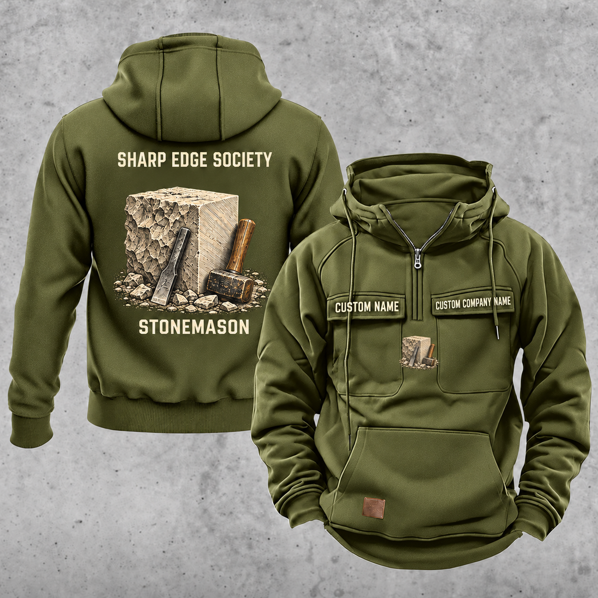 Stonemason Sharp Edge Society Vintage Hoodie Olive Green front and back