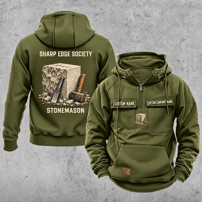 Stonemason Sharp Edge Society Vintage Hoodie Olive Green front and back