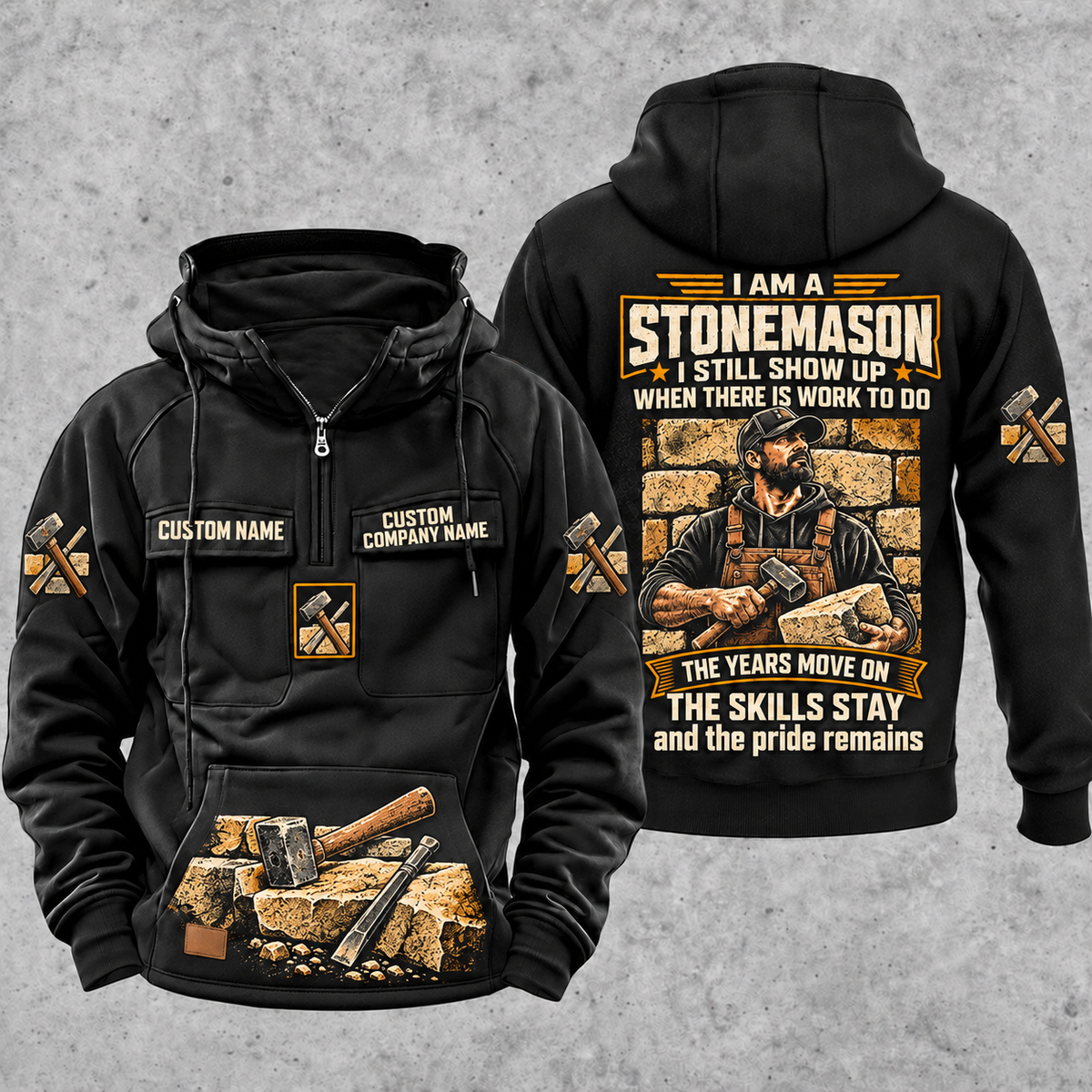 Stonemason Skills and Pride Vintage Hoodie Black front and back