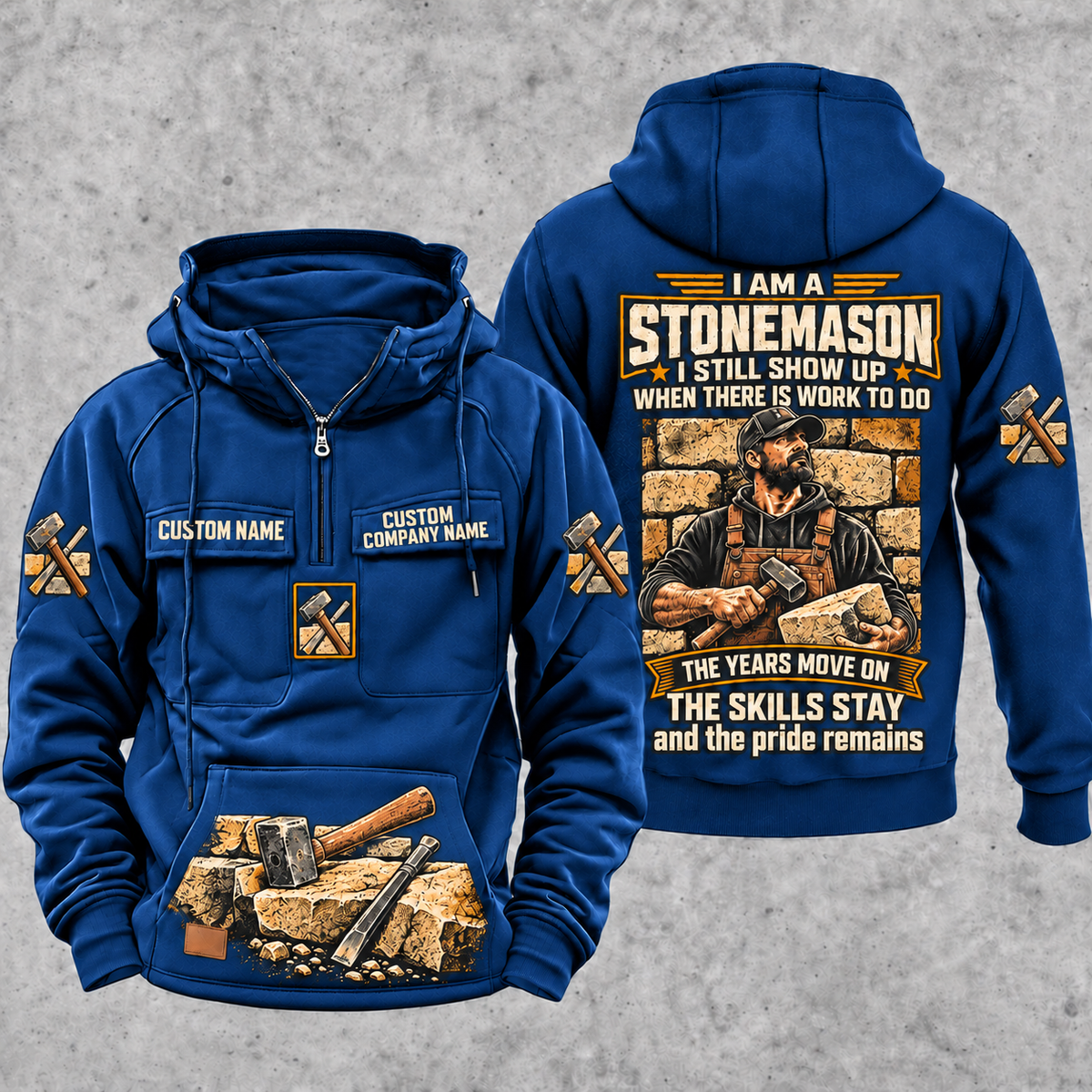 Stonemason Skills and Pride Vintage Hoodie Dark Blue front and back