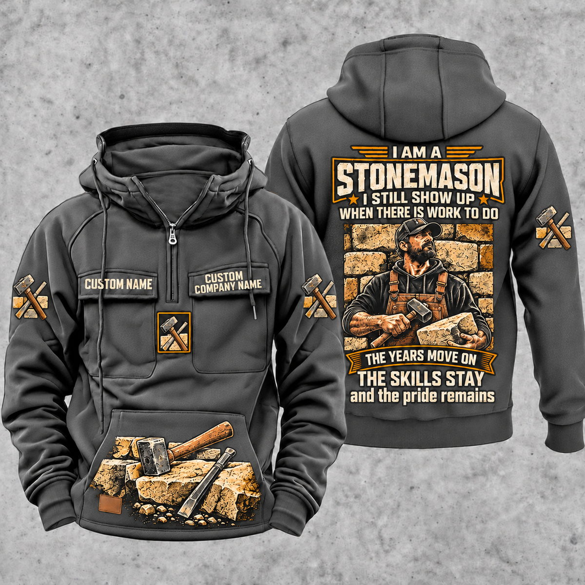 Stonemason Skills and Pride Vintage Hoodie Dark Gray front and back