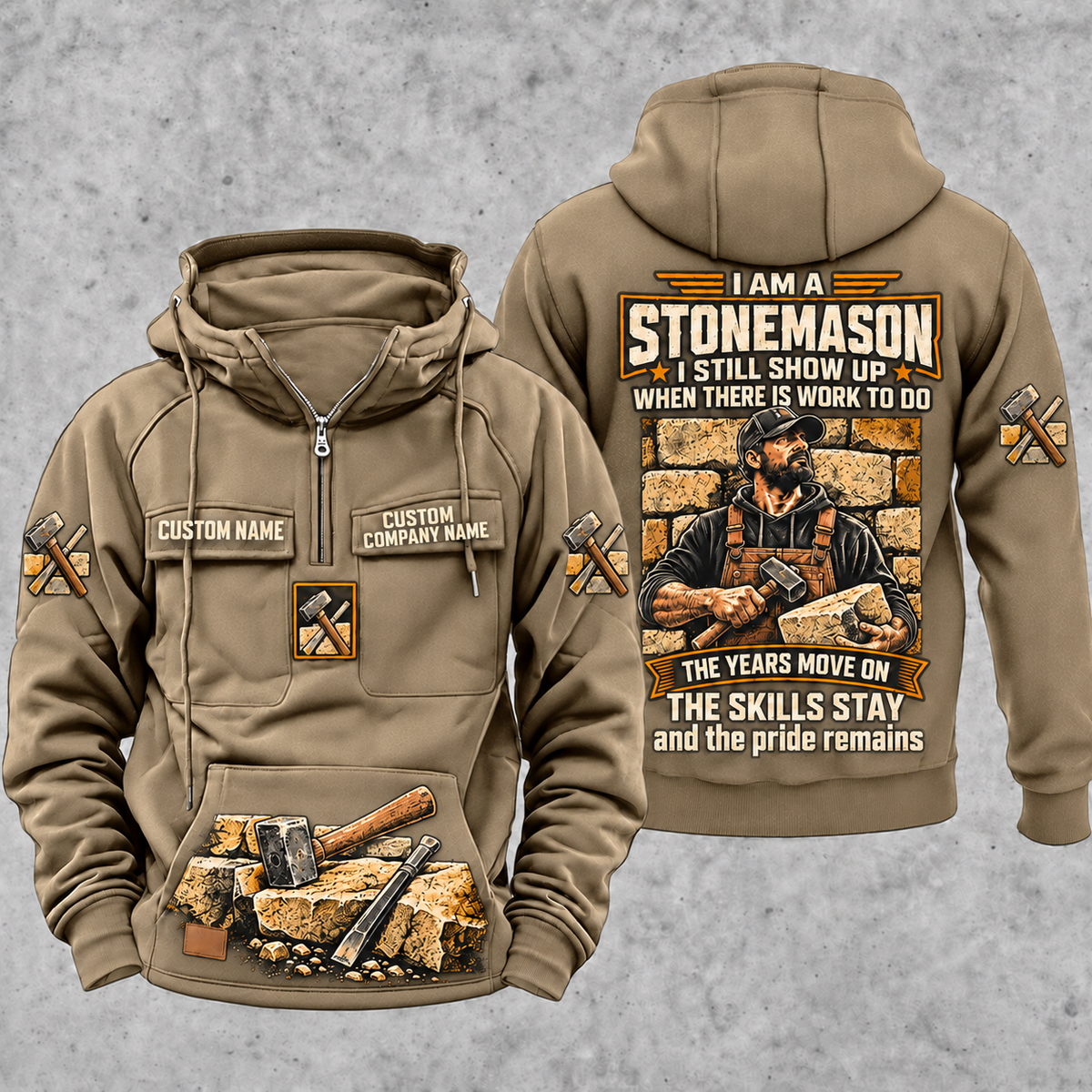 Stonemason Skills and Pride Vintage Hoodie Kaki front and back