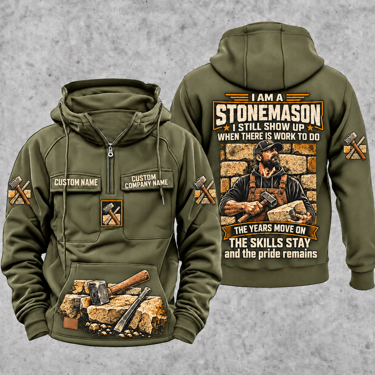 Stonemason Skills and Pride Vintage Hoodie Military Green front and back
