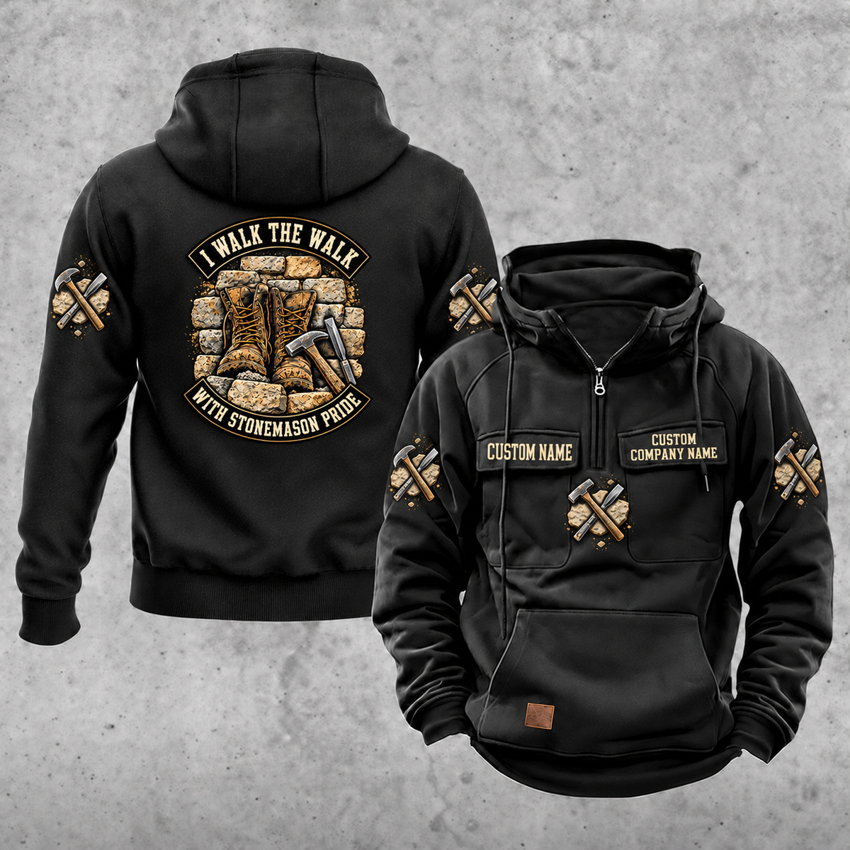 Stonemason Walk the Walk Badge Vintage Hoodie Black front and back