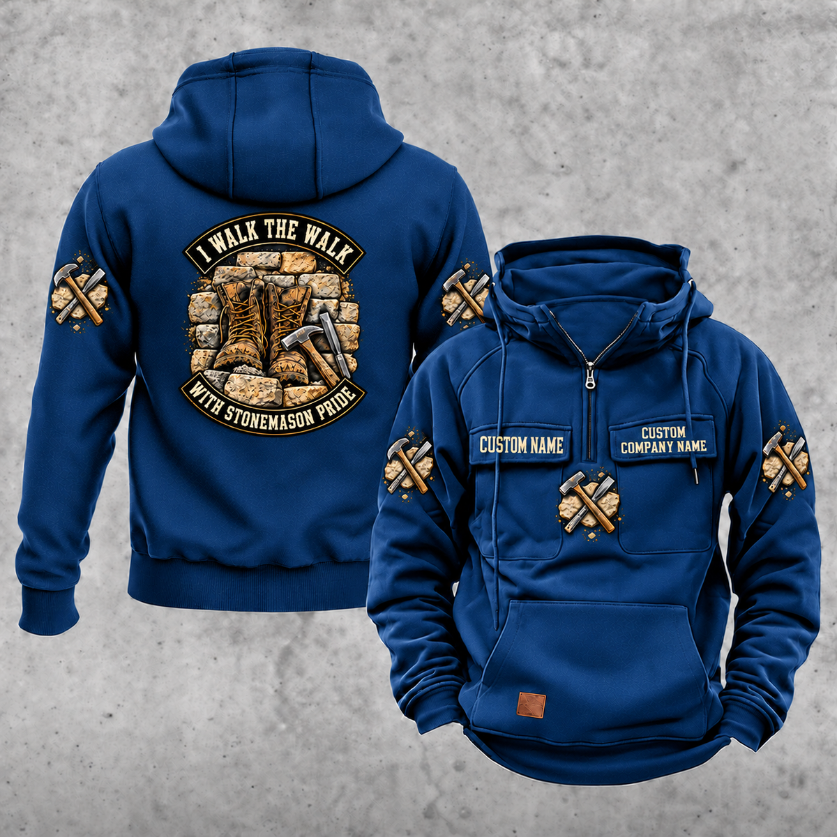 Stonemason Walk the Walk Badge Vintage Hoodie Dark Blue front and back