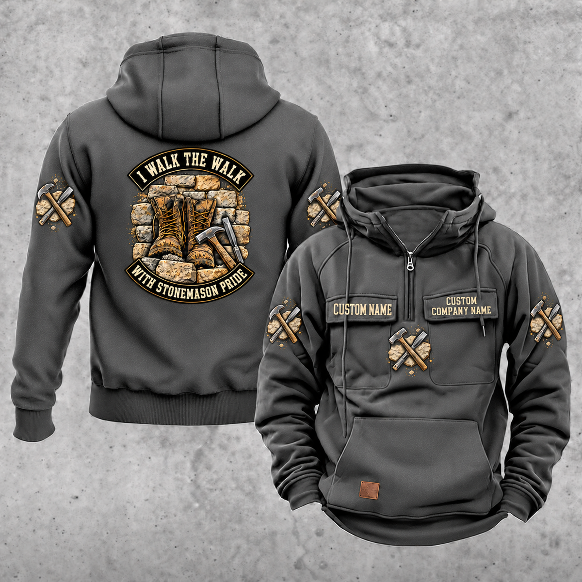 Stonemason Walk the Walk Badge Vintage Hoodie Dark Gray front and back
