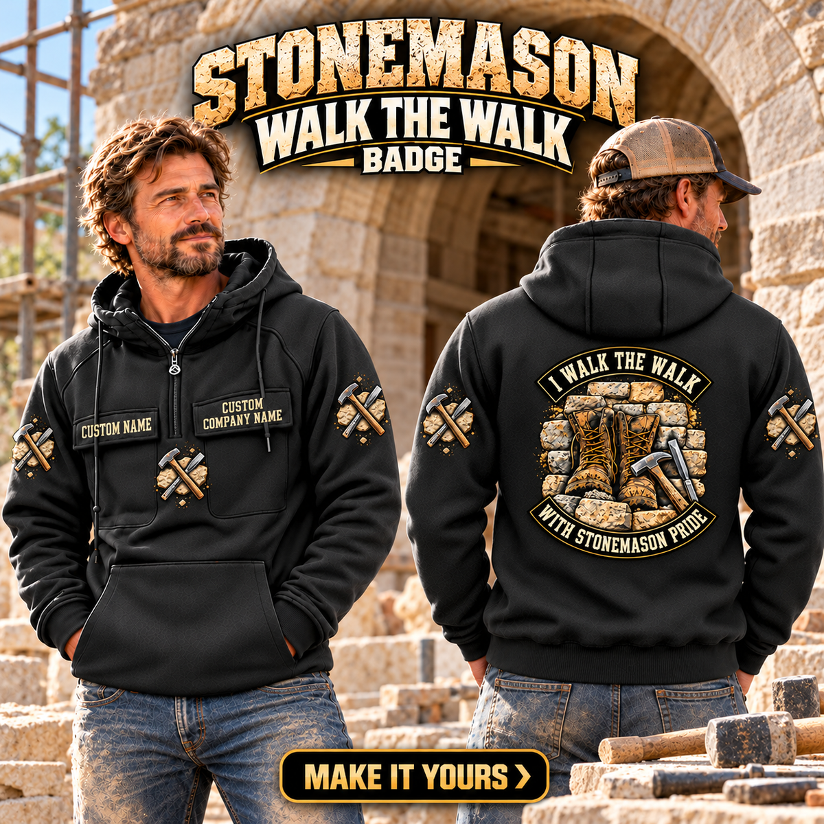 Stonemason Walk the Walk Badge Vintage Hoodie Black listing hero