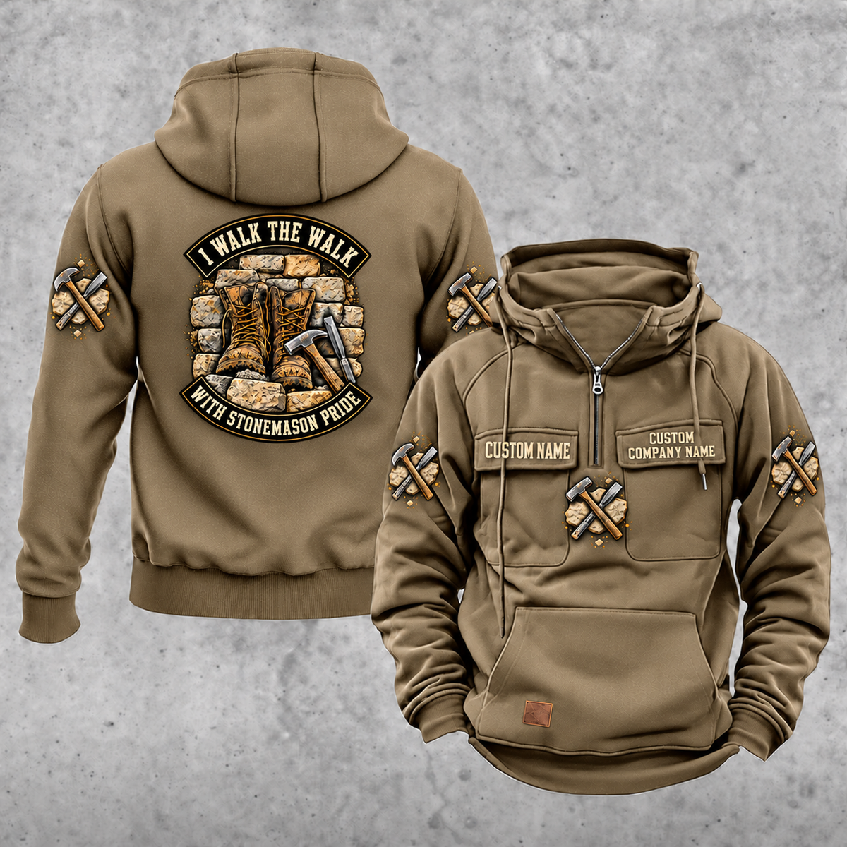 Stonemason Walk the Walk Badge Vintage Hoodie Kaki front and back