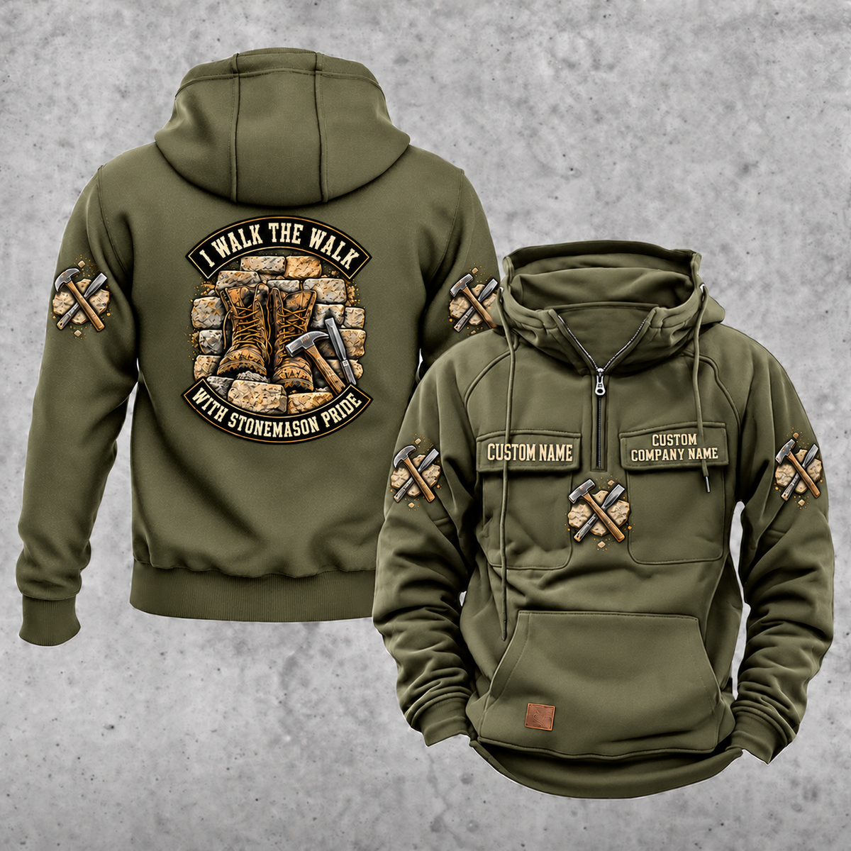 Stonemason Walk the Walk Badge Vintage Hoodie Military Green front and back