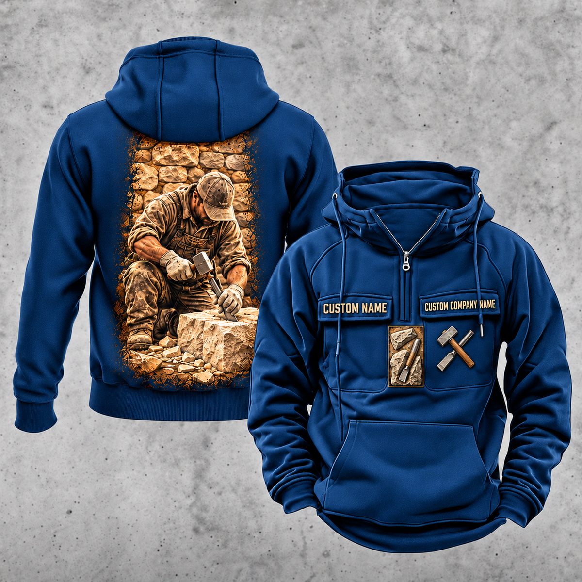 Stonemason Workday Portrait Vintage Hoodie Dark Blue front and back