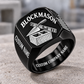 Personalized blockmason Classic Emblem signet ring in black, Custom Name and Custom Company Name