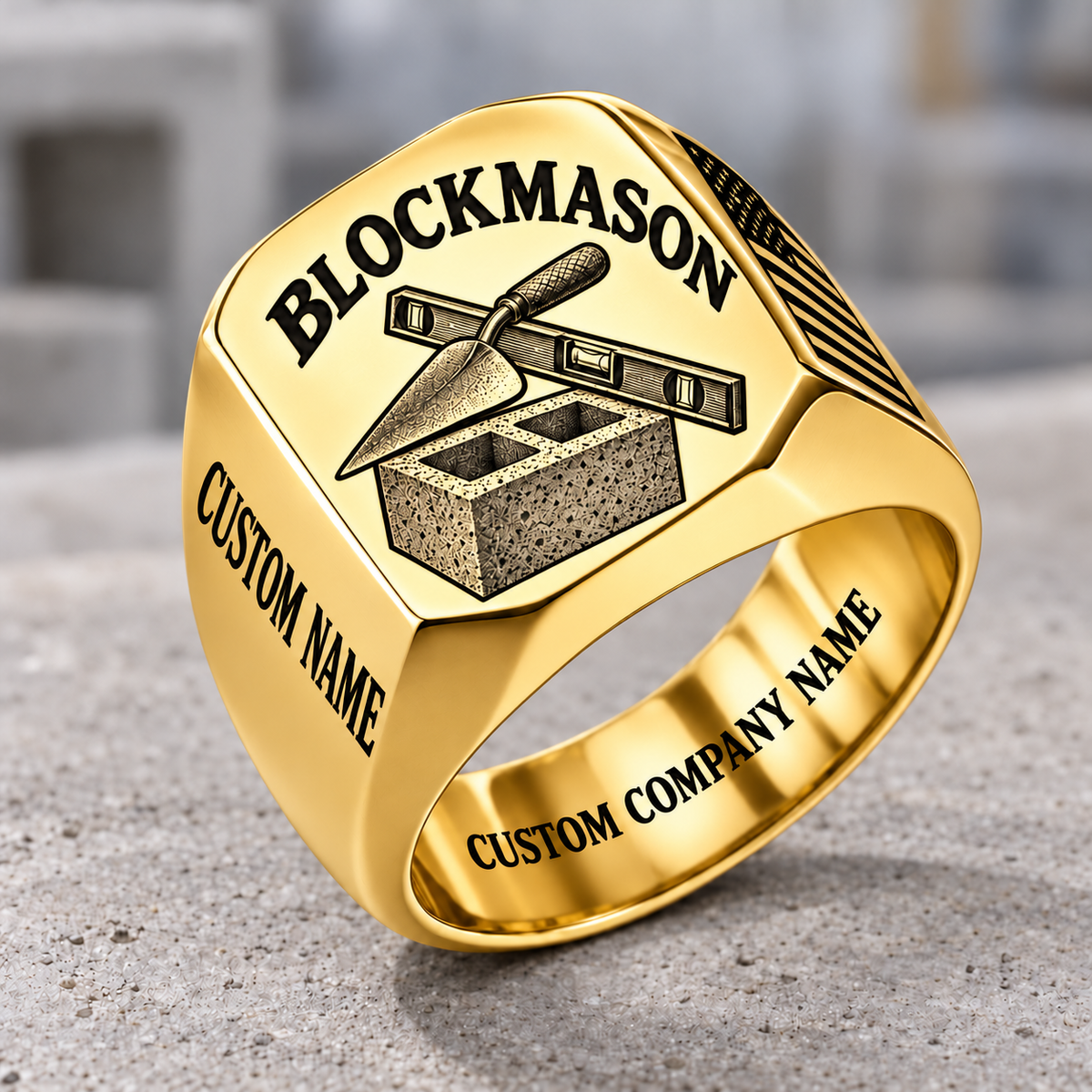 Personalized blockmason Classic Emblem signet ring in gold, Custom Name and Custom Company Name
