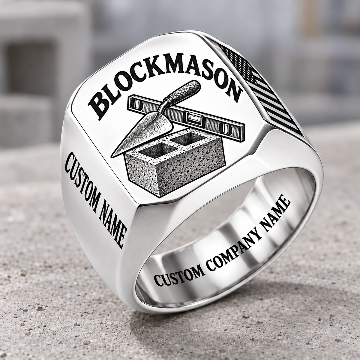Personalized blockmason Classic Emblem signet ring in silver, Custom Name and Custom Company Name