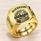Personalized blockmason Sunburst Legacy signet ring in gold, Custom Name and Custom Company Name