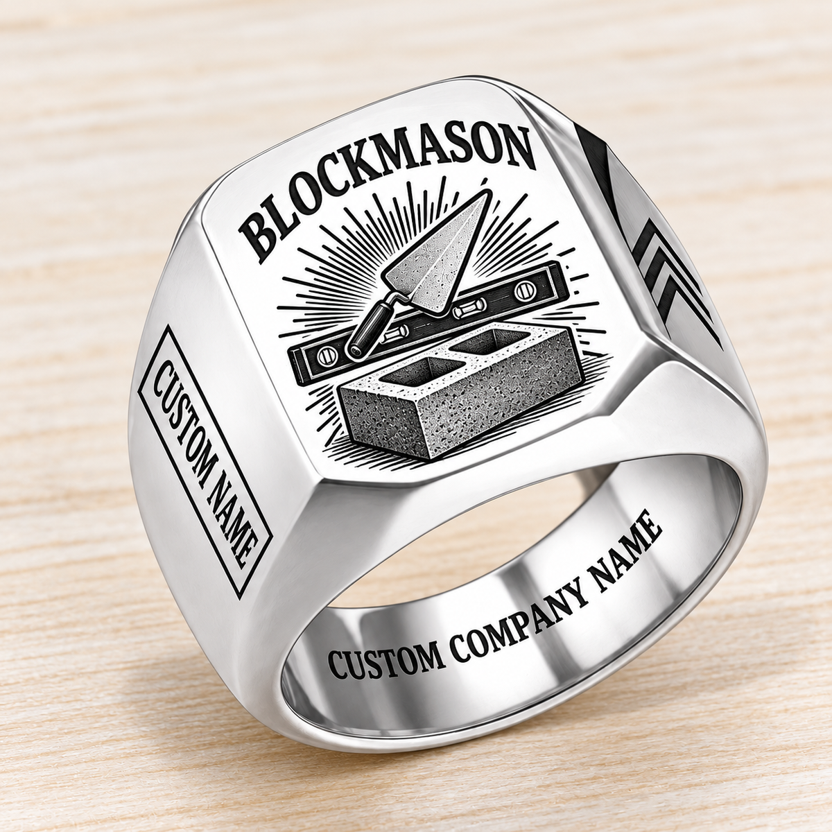Personalized blockmason Sunburst Legacy signet ring in silver, Custom Name and Custom Company Name