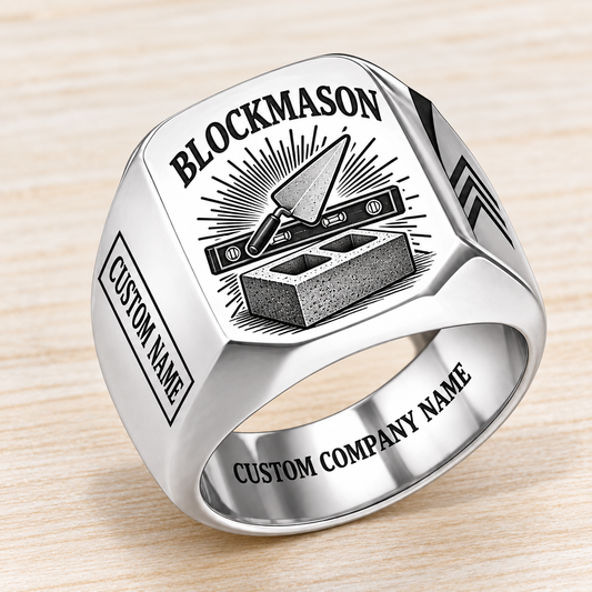 Personalized blockmason Sunburst Legacy signet ring in silver, Custom Name and Custom Company Name