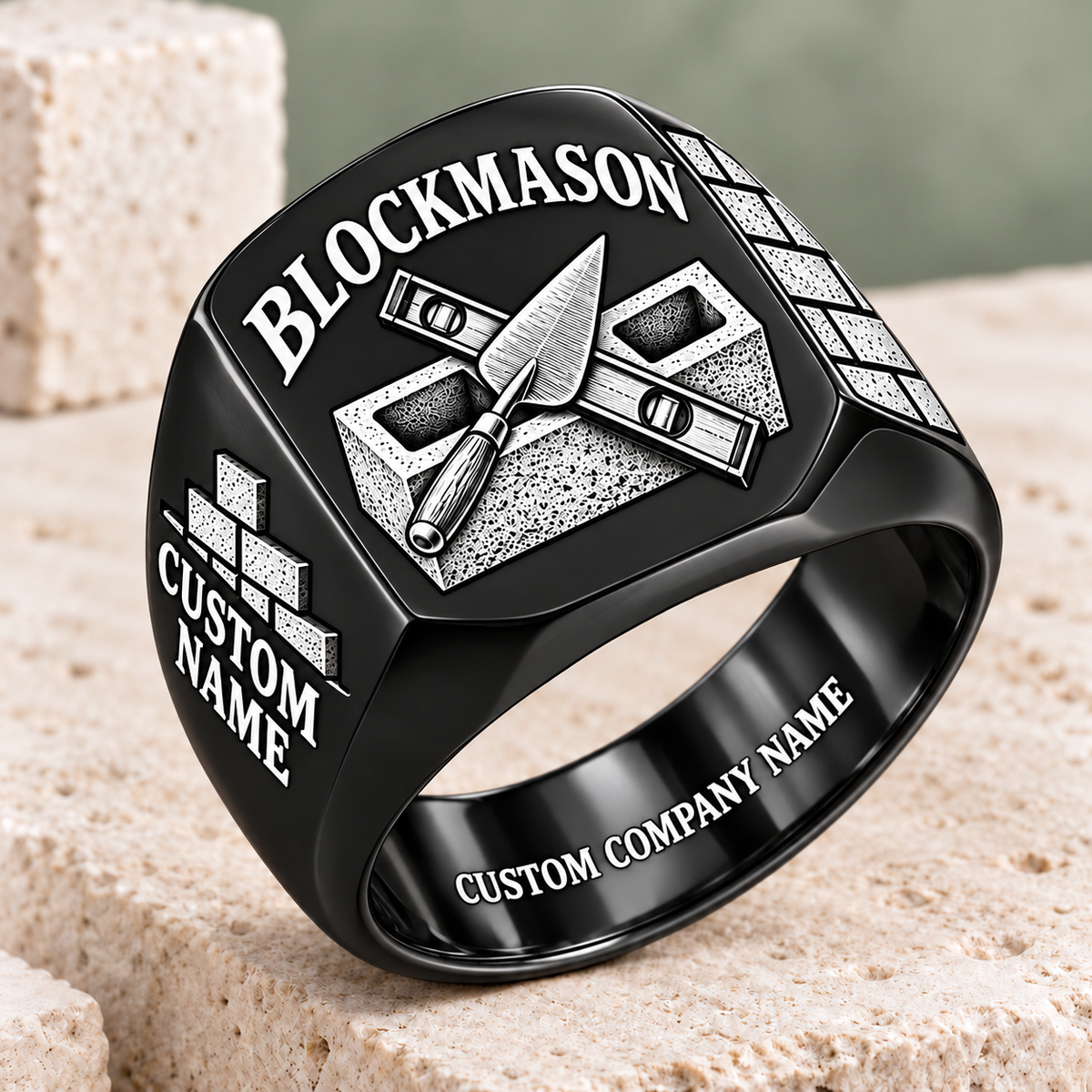 Personalized blockmason Heritage Trowel signet ring in black, Custom Name and Custom Company Name
