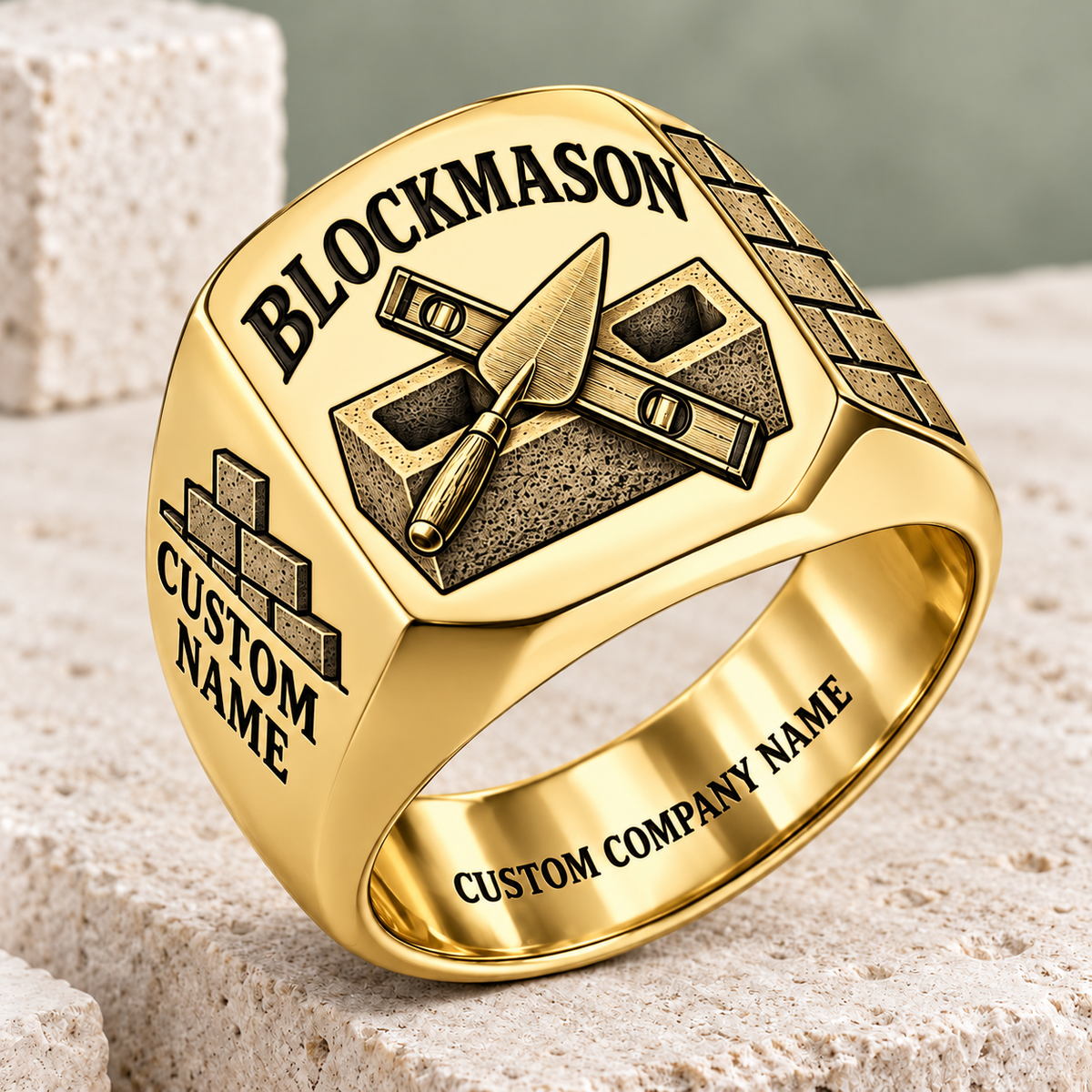 Personalized blockmason Heritage Trowel signet ring in gold, Custom Name and Custom Company Name