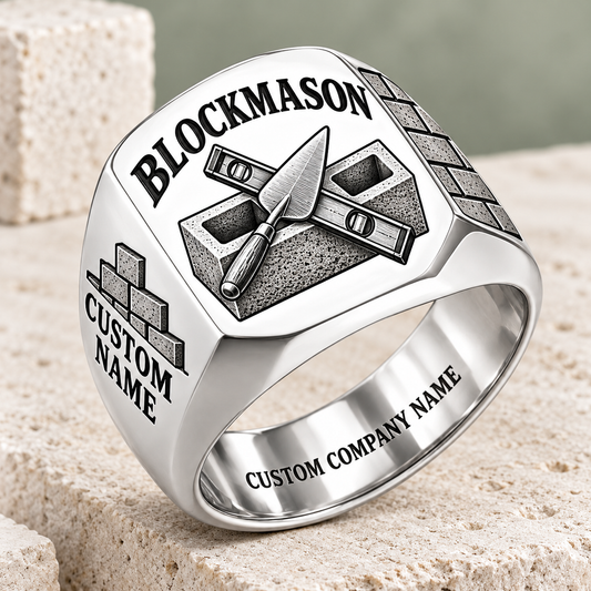 Personalized blockmason Heritage Trowel signet ring in silver, Custom Name and Custom Company Name