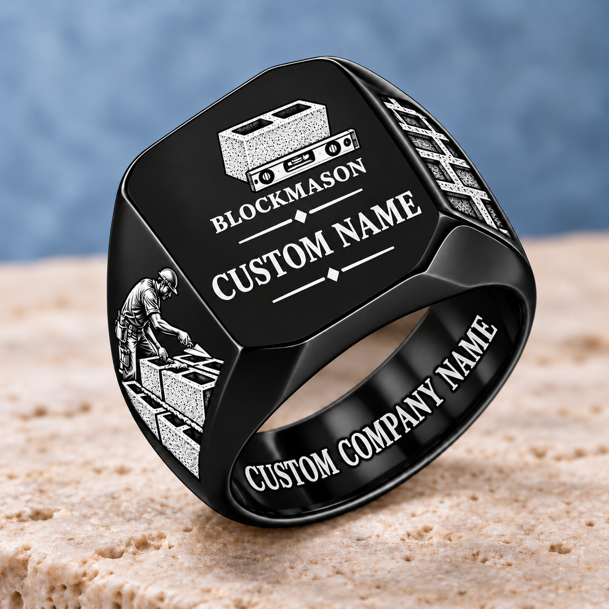 Personalized Blockmason Signature Crest signet ring in black, Custom Name and Custom Company Name