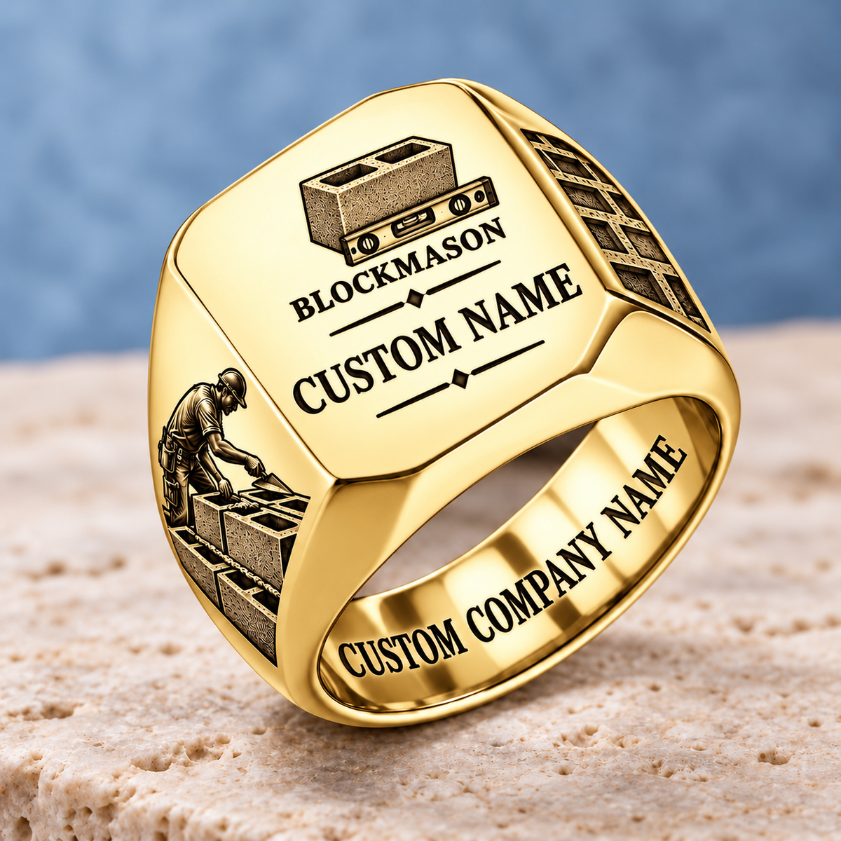 Personalized Blockmason Signature Crest signet ring in gold, Custom Name and Custom Company Name