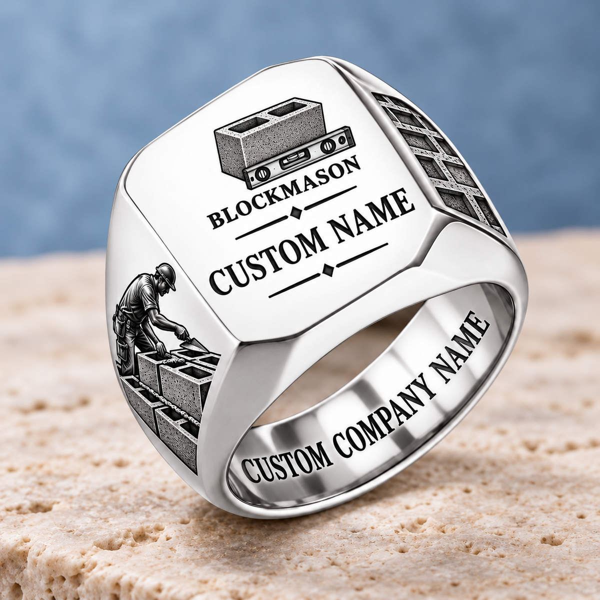 Personalized Blockmason Signature Crest signet ring in silver, Custom Name and Custom Company Name