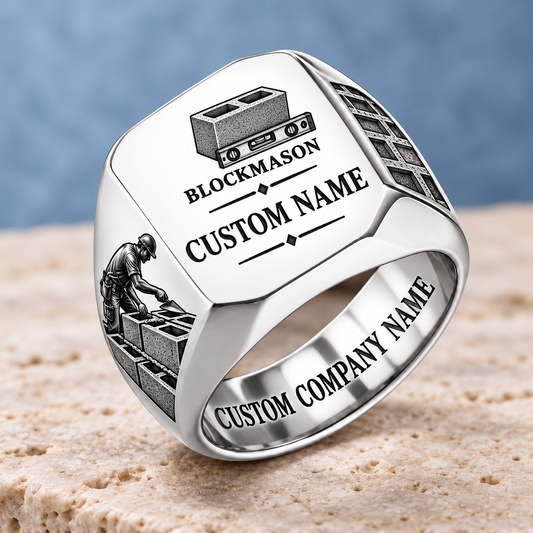 Personalized Blockmason Signature Crest signet ring in silver, Custom Name and Custom Company Name