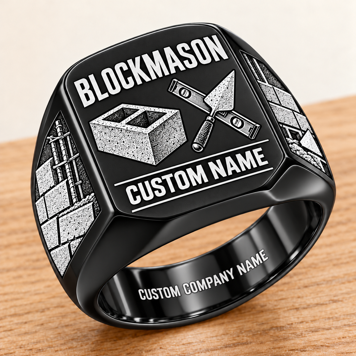 Personalized Blockmason Twin Icons signet ring in black, Custom Name and Custom Company Name