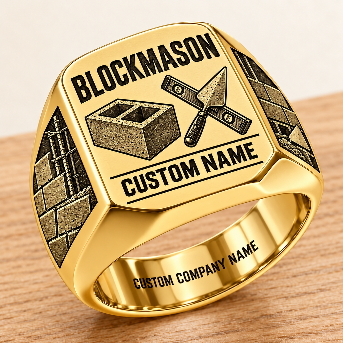 Personalized Blockmason Twin Icons signet ring in gold, Custom Name and Custom Company Name
