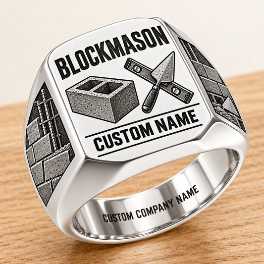 Personalized Blockmason Twin Icons signet ring in silver, Custom Name and Custom Company Name