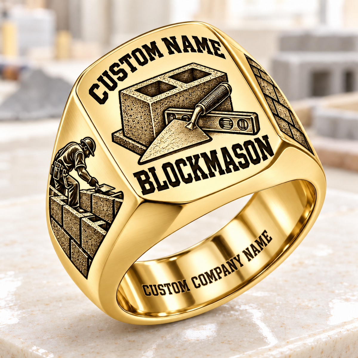 Personalized Blockmason Bold Lettering signet ring in gold, Custom Name and Custom Company Name