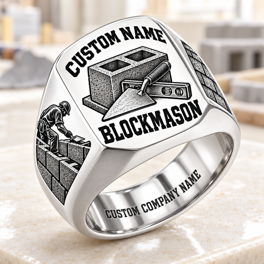 Personalized Blockmason Bold Lettering signet ring in silver, Custom Name and Custom Company Name
