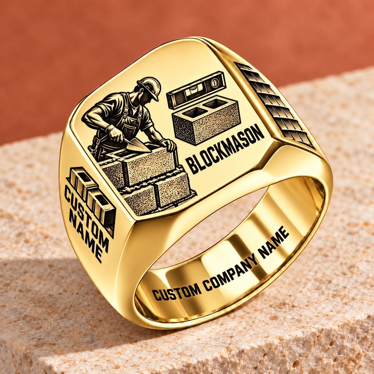 Personalized Blockmason Split Emblem signet ring in gold, Custom Name and Custom Company Name