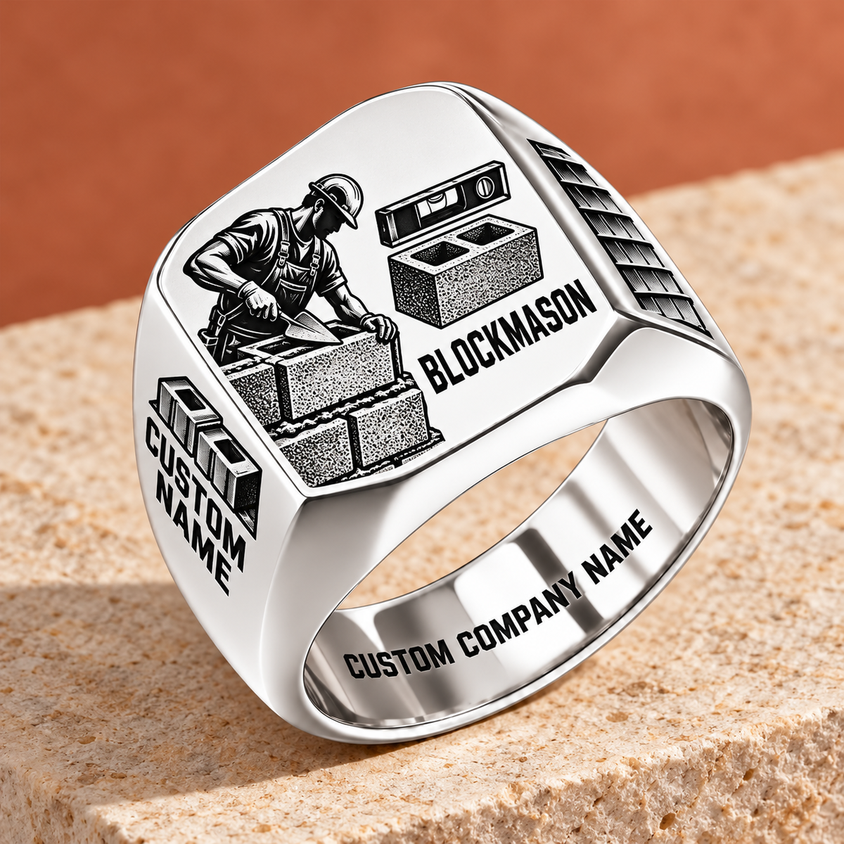 Personalized Blockmason Split Emblem signet ring in silver, Custom Name and Custom Company Name