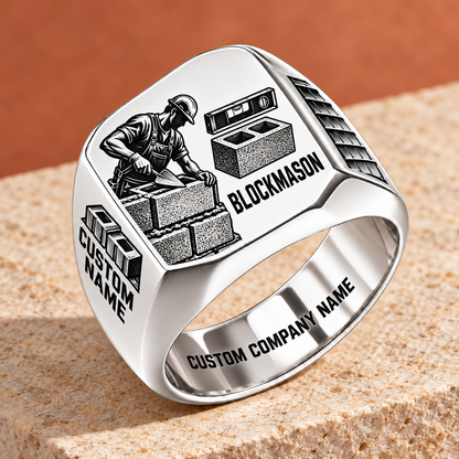 Personalized Blockmason Split Emblem signet ring in silver, Custom Name and Custom Company Name